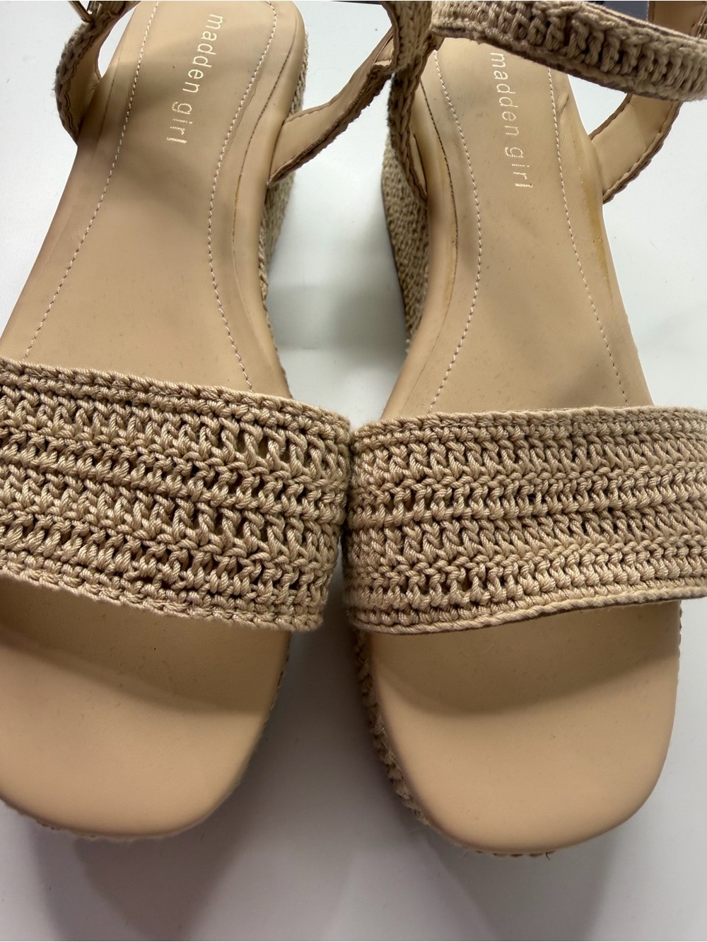 Madden Girl Crochet Strap Wedge Sandals in Beige